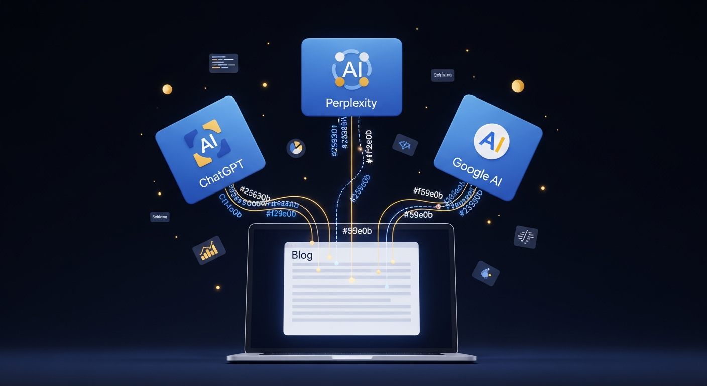 Editorial illustration of three AI answer engines — ChatGPT, Perplexity, and Google AI — pulling citations from a single blog, representing the 2026 answer engine optimization playbook