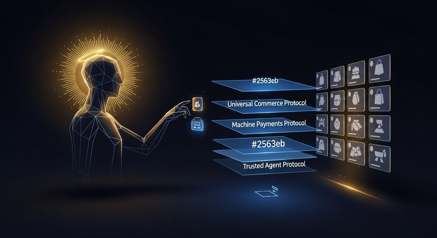 Editorial illustration of an AI shopping agent selecting products from a retailer's catalog while four open protocols (ACP, UCP, MPP, Trusted Agent Protocol) sit between the agent and the merchant checkout, representing agentic commerce in 2026
