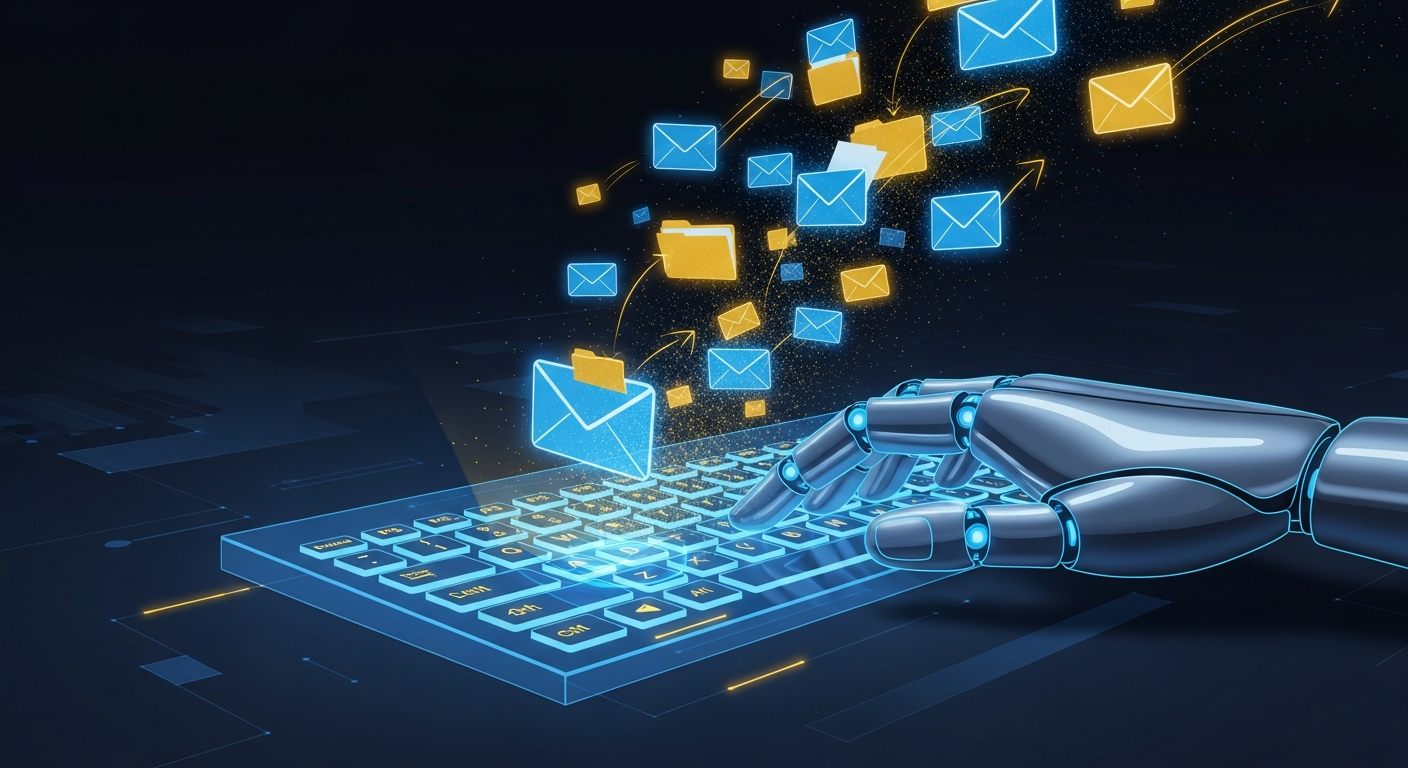 AI automation illustration showing a robotic hand managing business tasks on a holographic interface