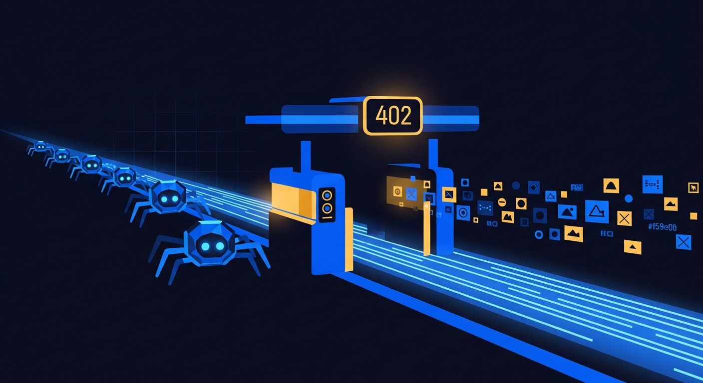 Editorial illustration of a web server gateway issuing HTTP 402 Payment Required responses to AI crawler bots, with coins passing through the door representing Cloudflare Pay Per Crawl monetization in 2026
