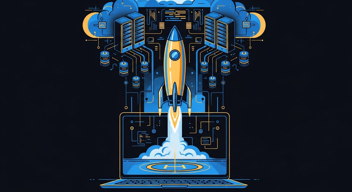 Rocket launching from a laptop into cloud infrastructure representing MCP server deployment to production