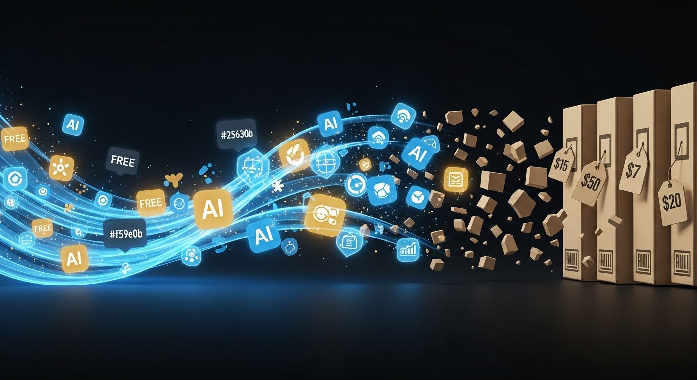 Premium software boxes being replaced by a wave of glowing free AI tool alternatives