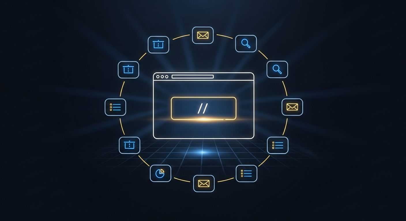Abstract editorial illustration of a Chrome browser window with a glowing slash-command prompt box and ten stacked prompt-card icons representing a Chrome Skills starter library