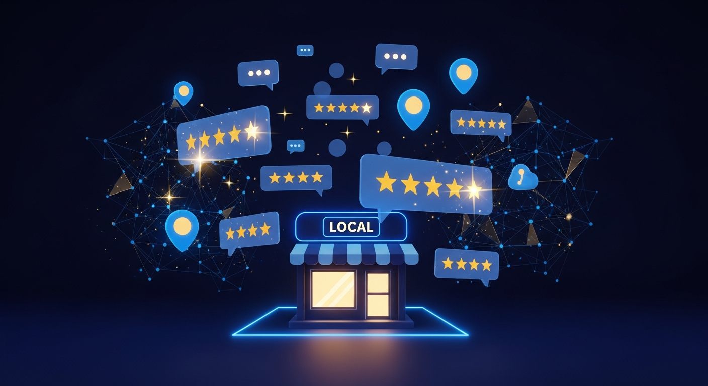 Editorial illustration of a local business storefront with floating five-star Google review cards and an AI assistant, representing the 2026 Google Reviews playbook for local SEO
