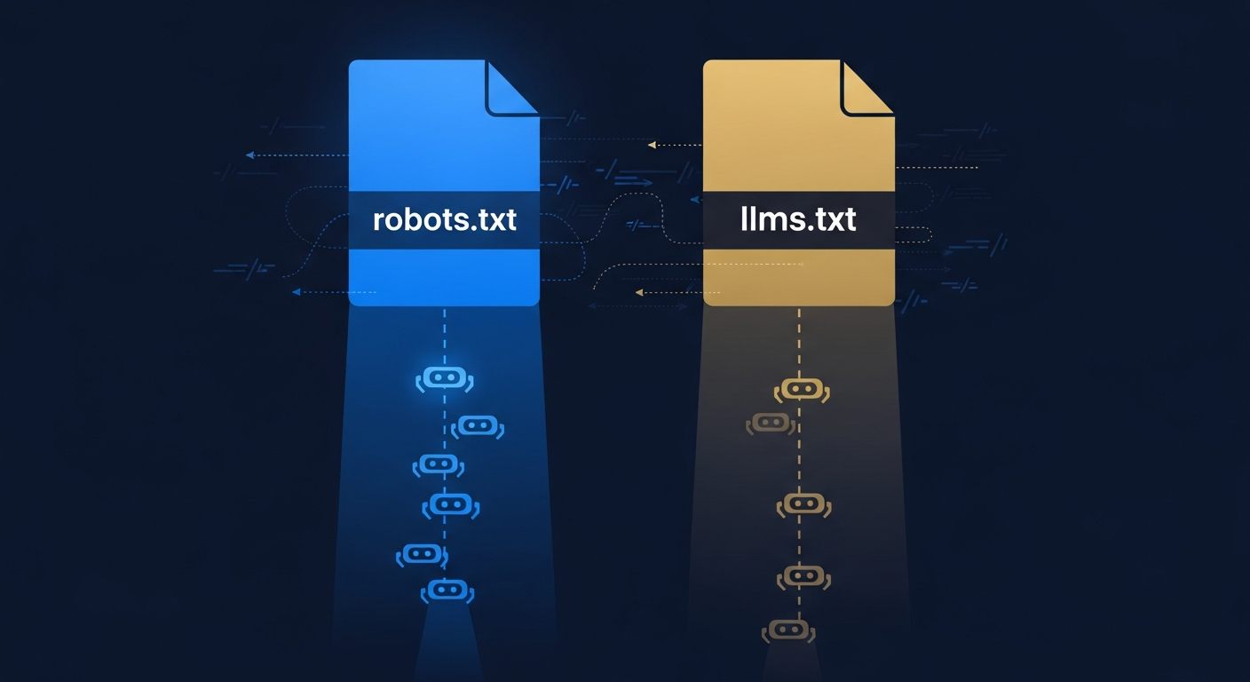 Editorial illustration on dark background showing two stylized text files labeled robots.txt and llms.txt with a blue signal line and gold arrows representing AI crawlers choosing between them