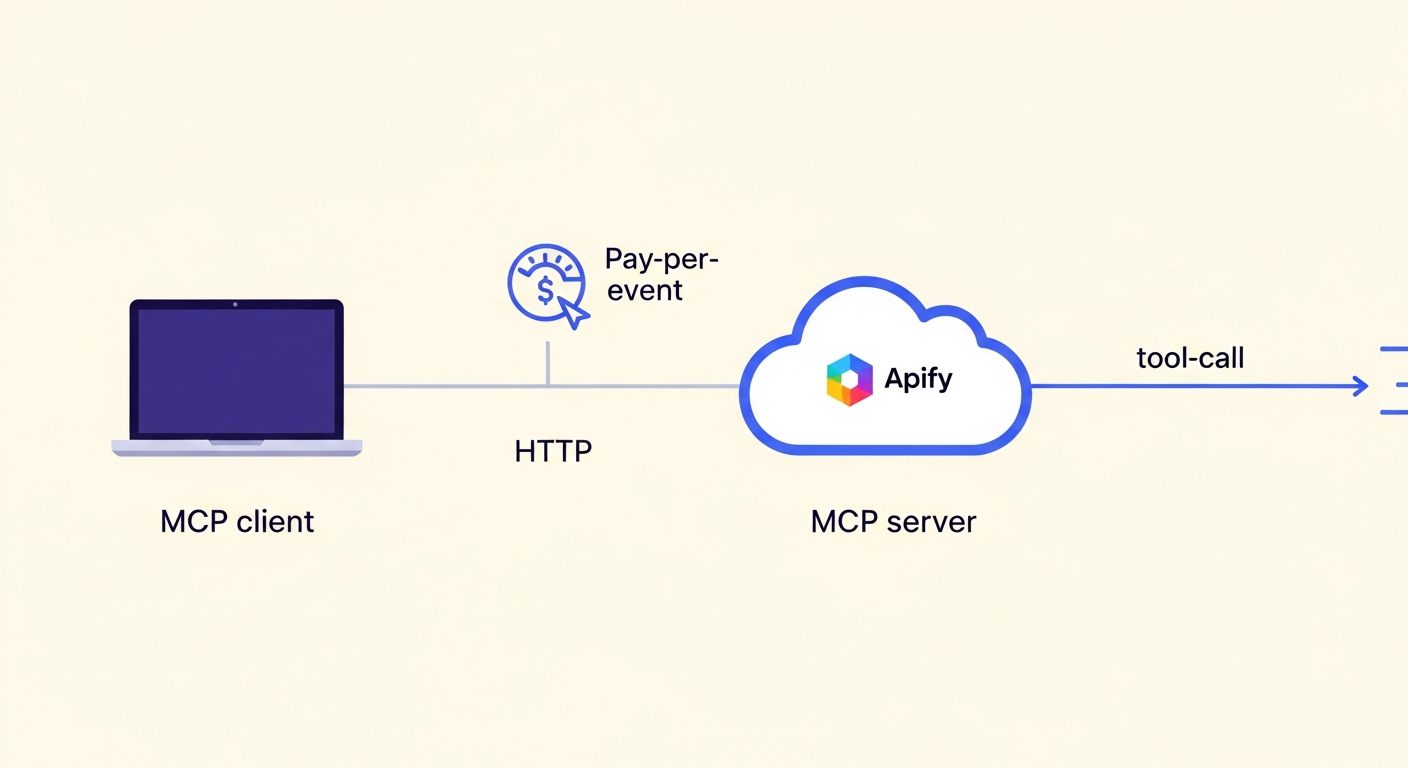 Diagram showing an MCP client calling a remote MCP server hosted on Apify with pay-per-event billing wired in