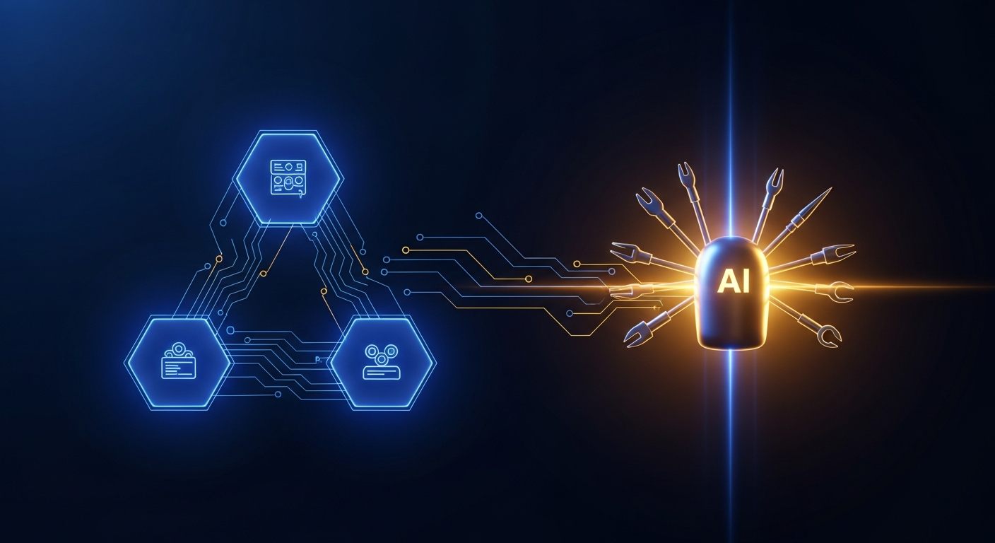 Three robotic workflow nodes labeled n8n, Make, and Zapier connecting AI agents across apps, editorial illustration in blue and gold