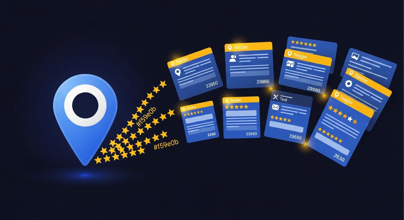 Google Maps pin with star ratings flowing out as structured data cards for review extraction