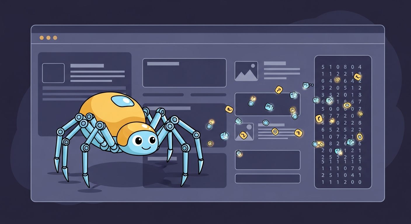 Friendly robot spider crawling a webpage and collecting data points into organized columns
