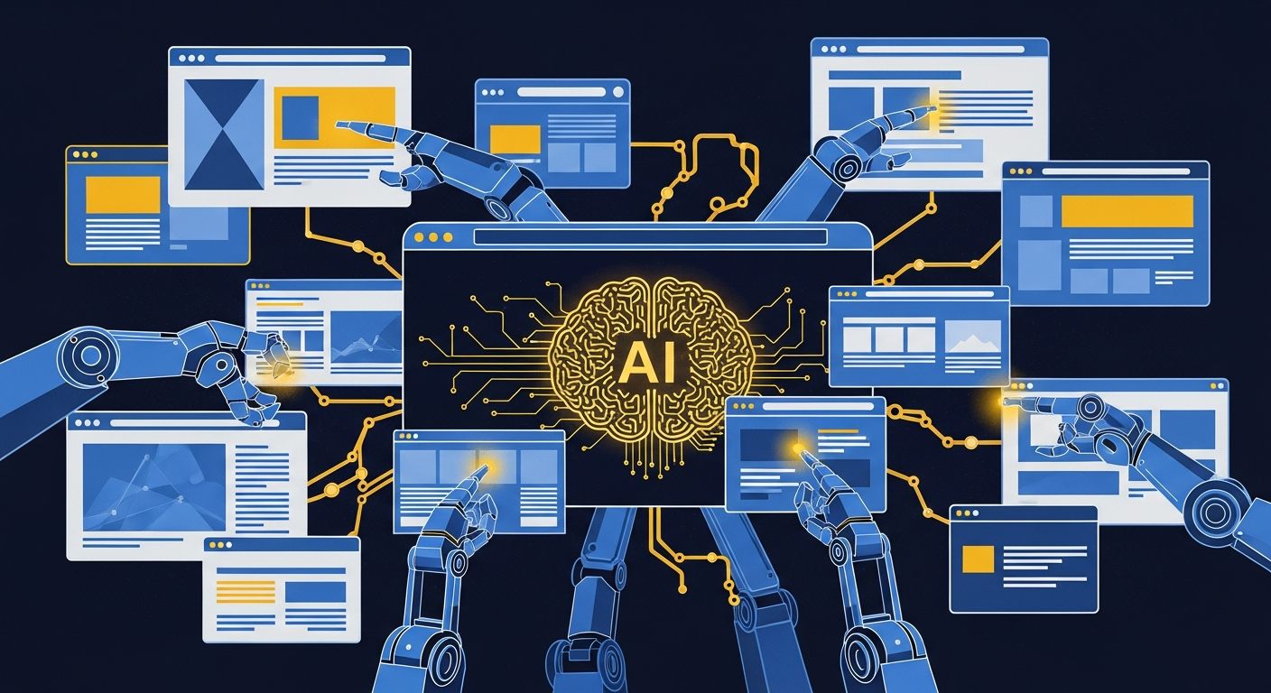 Chrome browser with an AI brain inside extending robotic arms to interact with multiple websites simultaneously