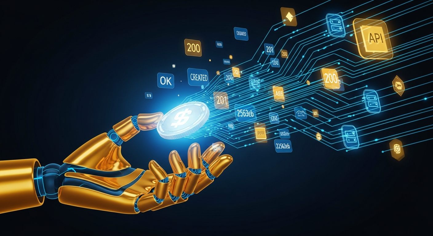 AI agent making a digital payment through an API endpoint with HTTP status codes and data streams
